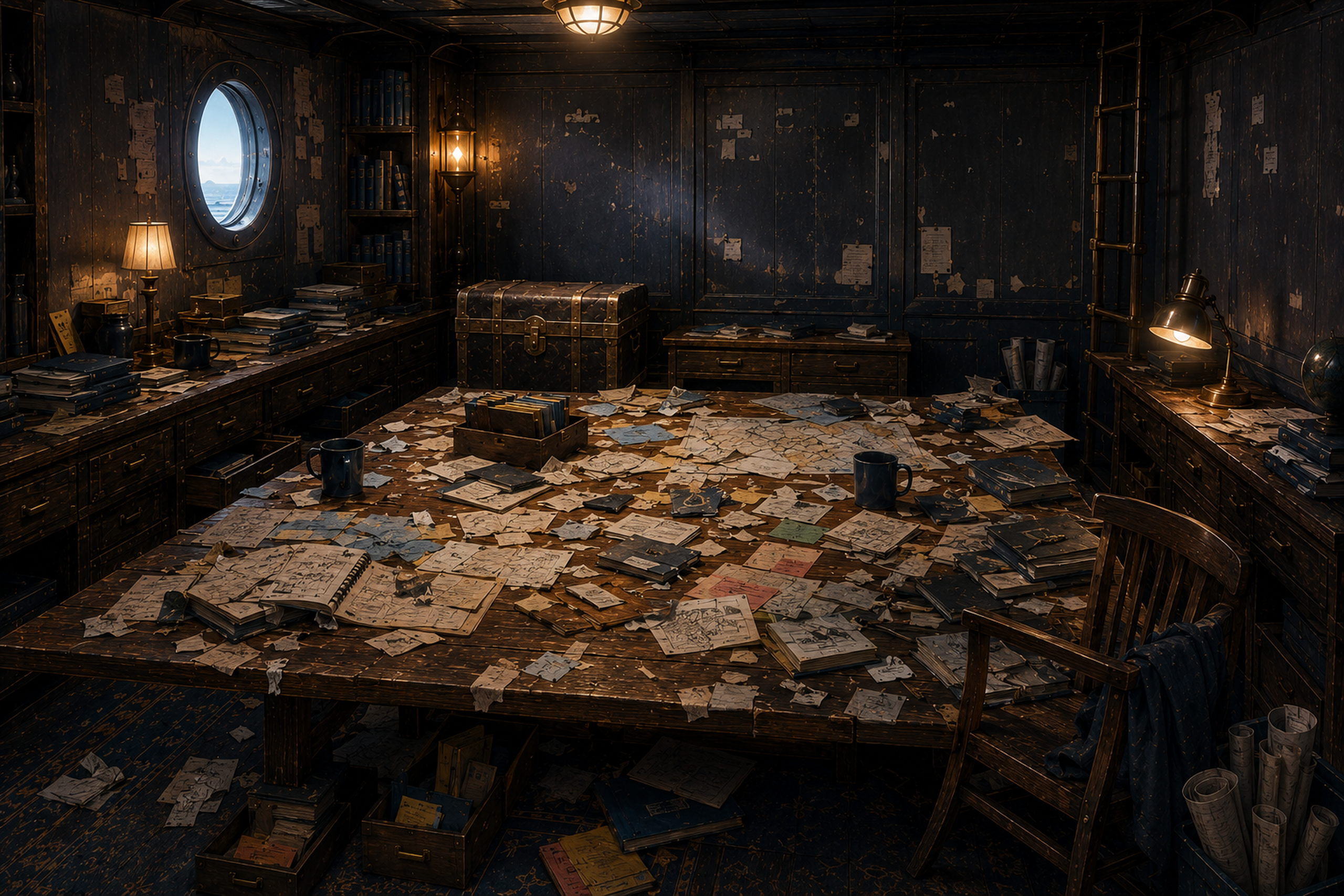 The chart room shows the disturbed aftermath of a selective overnight removal, with no one present.