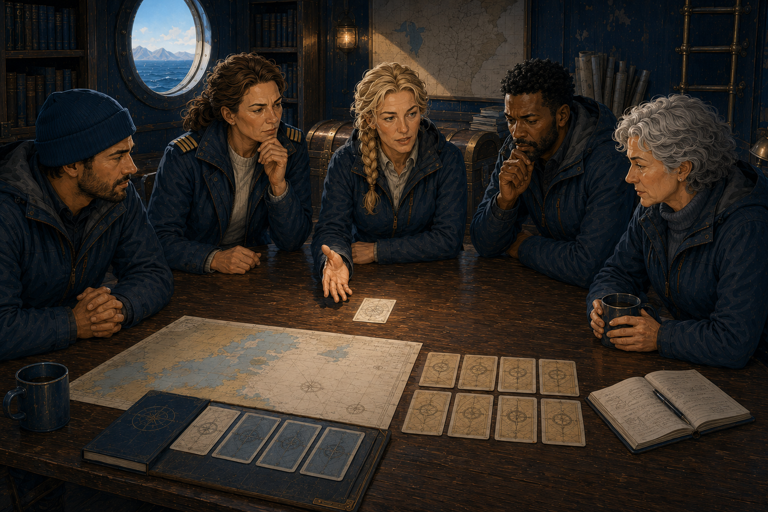 The five Expedition crew members examine a single Insight in the vessel chart room while the Treasure chest remains closed.